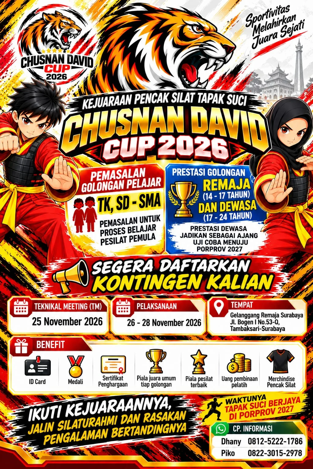 Poster resmi Chusnan David Cup 2026 berisi kategori, jadwal, fasilitas, dan kontak panitia
